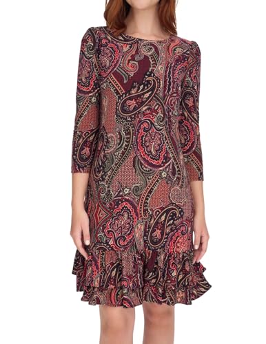 Image of Tommy Hilfiger Women's 3 /4 Sleeve Crew Neck Double Ruffle Hem Jersey Shift Mini Dress