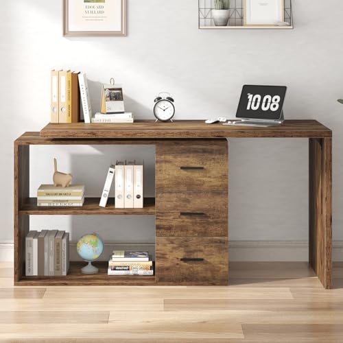 Image of HSH L Shaped Computer Corner Desk with Storage Drawers 55 inch Rustic Brown | Reversible Home Office Corner Desk with 2 Open Side Shelves Modern Wood Executive L Desks for Bedroom,Study Workstation