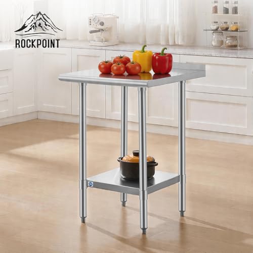 Image of ROCKPOINT SS304 Top All Stainless Steel Table for Prep & Work with Backsplash 24x24 Inches, NSF Commercial Kitchen Heavy Duty Table with Adjustable Undershelf for Restaurant,Kitchen, Home and Hotel