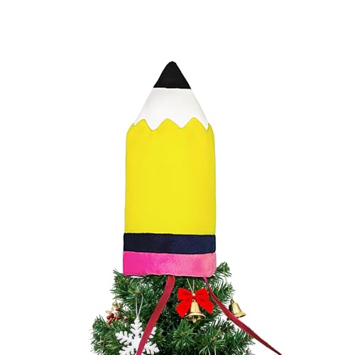 Pencil Christmas Tree Topper, 9inch Winter Yellow and Pink Velvet Pencil Tree Topper Decor for Party Home Office Classroom Xmas Christmas Indoor/Outdoor Tree Top Decoration Gifts