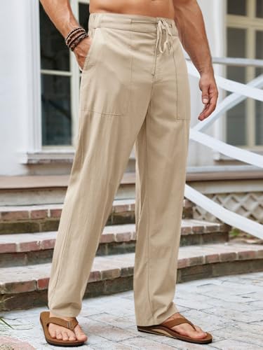 Runcati Mens Cotton Linen Pants Casual Elastic Waist Drawstring Lightweight Loose Fit Summer Beach Yoga Trousers3