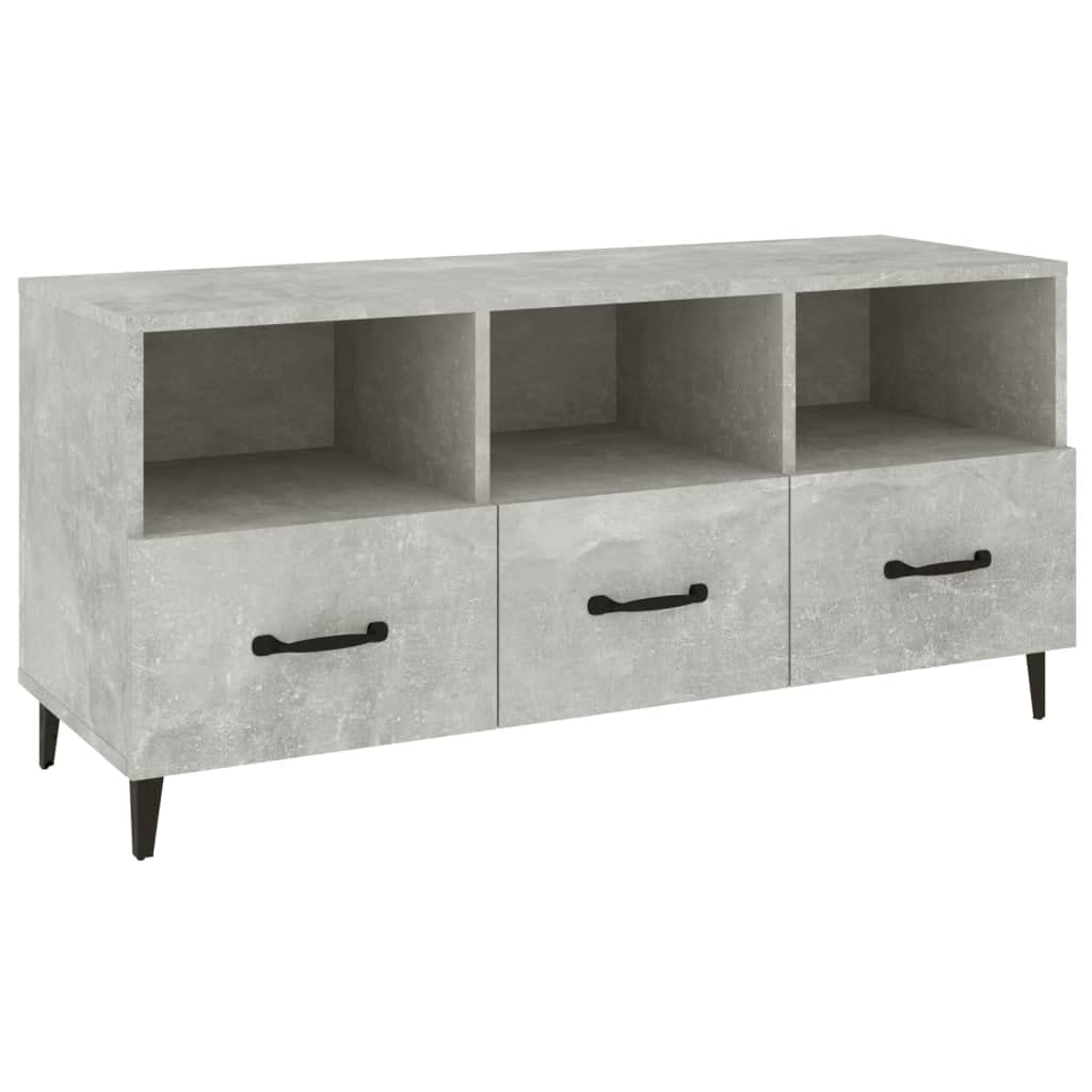 Nowoczesna szafka pod telewizor, betonowa szara, 102 x 35 x 50 cm, materiał drewnopochodny, z szufladami i półkami, do salonu, centrum rozrywki, stabilna konsola medialna