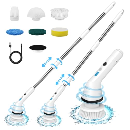 Electric Spin Scrubber, Wesstun IPX6 Waterproof Electric Cleaning Brush, Cordless Electric Scrubber with 2 Speeds Modes & Extendable Handle, 7 in 1 Brush Heads for Bathroom, Kitchen & Floors (White) Electric Spin Scrubber, Wesstun IPX6 Waterproof Electric Cleaning Brush, Cordless Electric Scrubber with 2 Speeds Modes & Extendable Handle, 7 in 1 Brush Heads for Bathroom, Kitchen & Floors (White)