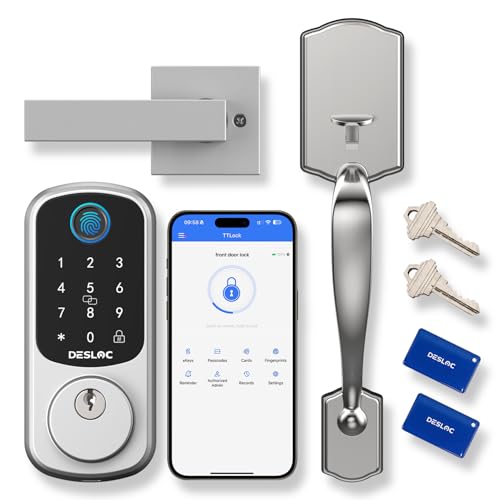 Image of DESLOC B200 Fingerprint Front Door Lock Set with Durable Handleset, Keyless Entry Deadbolt, Electronic Keypad, App Control, Easy Installation, Designed for a Modern and Stylish DESLOC Home, Silver