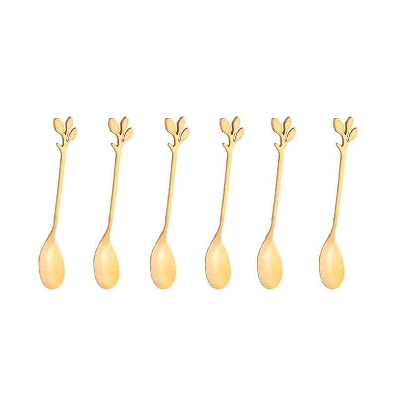 Juego de 6 cucharas doradas de acero inoxidable con personalidad creativa, cuchara de hoja de árbol, cuchara de café, cuchara de té, hogar, restaurante, postre, cubertería, 6 piezas, color dorado