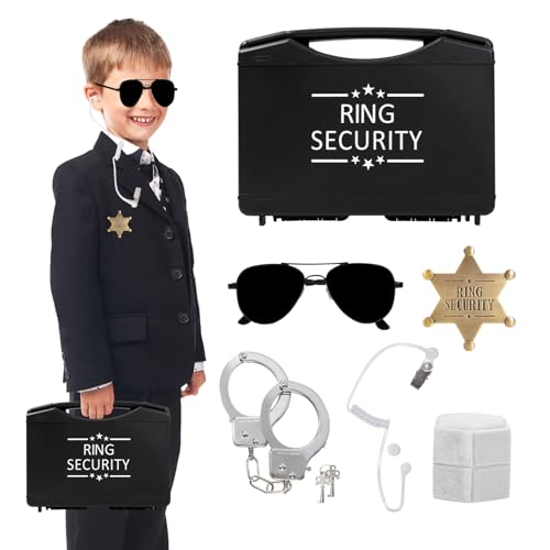 Newbyst Ring Security Wedding Ring Bearer - Ring Box Gifts for Wedding Security Kids Toy Include Sunglasses Acoustic Earpiece Tube Badge Toy Handcuff Wedding Ring Box