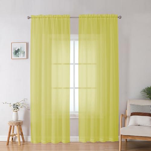 Image of OWENIE Lemon Sheer Curtains for Bedroom Living Room 90 Inches Long, Elegant Solid Light Filtering Window Curtain Panles, Modern Rod Pocket Lemon Curtain, 2Pcs, Each 42 inch W x 90 inch L