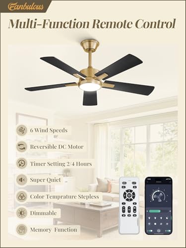 Image of Fanbulous 42 Inch Black and Gold Ceiling Fans with Lights and Remote, Stepless Color Temperature Change & Dimmable 20W LED Ceiling Fan, 6 Speeds Reversible Quiet DC Motor for Bedroom, Living Room