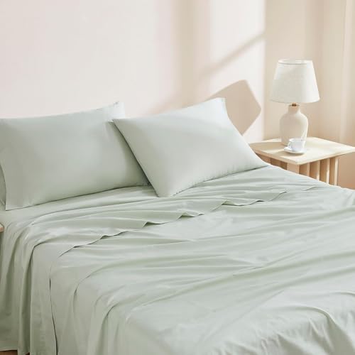 Image of Linen Closet 100% Organic Cotton Queen Sheets Set, 4 Pieces, Light Green - Percale Bed Sheets & Pillowcases Set - Up To 16 inch Deep Pocket Fitted Sheet - Cooling, Crisp & Breathable - For Hot Sleepers