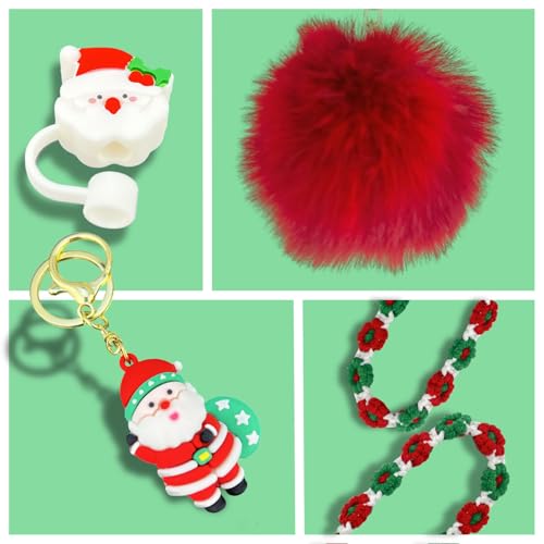 Image of House of Quirk 7 PCS Christmas Tumbler Accessories Set for 30oz & 40oz Cups | Silicone Boot, Handle Strap, Straw Cap, Cup Chain,Plush Christmas Key Pendant (Santa, Tumbler Not Included)