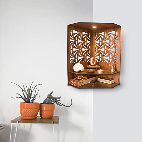 Heartily® Pushp Beautiful Wooden Pooja Stand for Home and Office - Temple Wall with LED Spot Light - H 17, L 10, W 15 Inch