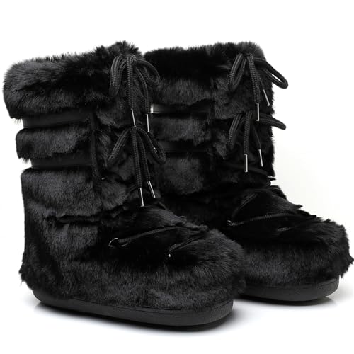 Womens Snow Boots,Fuzzy Furry Fluffy Fur Boots with Faux Fur Lined,Winter Mid-calf Lace-up White Black Pink Warm Comfortable Ski Boots