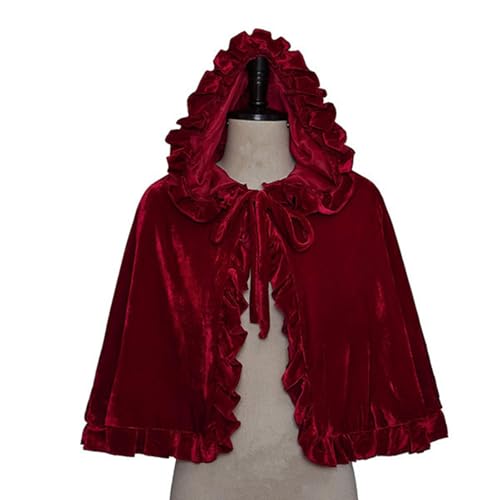 Capelet, Women and Men Ruffled Velvet Hooded Cape Front Tie Bow Short Cloak Vintage Gothic Halloween Witch Fashion Capes for Adult Kid Wine