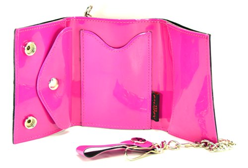 Skull Crossbone Embroidered Shiny Patent Tri-fold Bikers Wallet with 16" Chain (Pink)2
