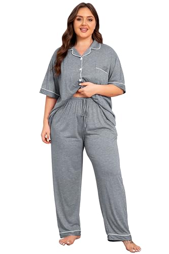 Image of Vozanet Women Plus Size Pajamas Button Down Rayon Softness PJS Classic Sleepwear Short Long Loungewear 2pcs with Pockets