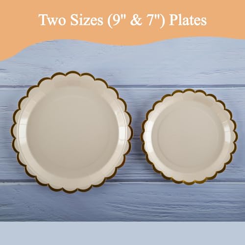 125PCS Beige Party Tableware Set - Beige & Foil Gold Scalloped Paper Plates, Cups, Napkins, Straws for 25 Guests, Party Supplies for Birthday, Picnic, Wedding, Baby Shower - Image 2