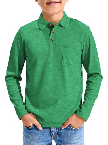 Image of Haloumoning Boys Long Sleeve Polo Shirts Kids Casual Button School Uniform Shirts with Chest Pocket 5-14 Years