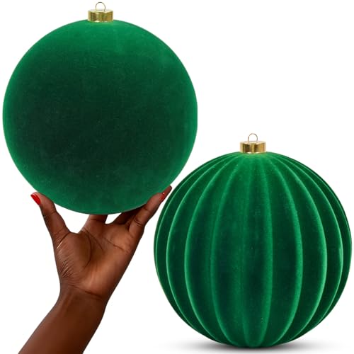 LANGXUN 2 Pcs 8 Inch Extra Large Velvet Christmas Ball Ornaments - Shatterproof Hanging Christmas Tree Decorations for Xmas Holiday Party Wedding Home Decor (Pine Green)