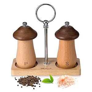 Motase Salz und Pfeffermühlen Set, Pfeffermühle aus Holz und Keramik mit Extra Untersetzer gefertigt | Small mushroom Design | verstellbare Grobheit | Gewürzmühlen für Salz, Pfeffer