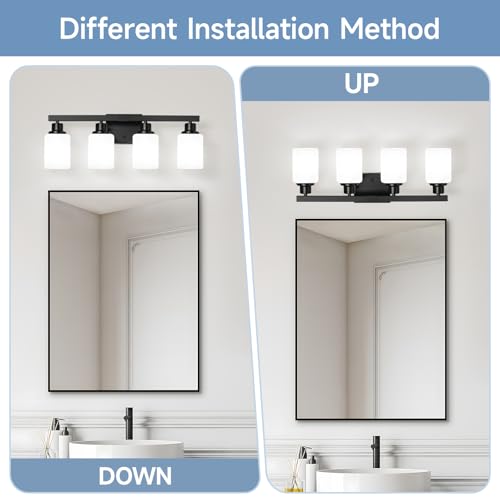 Image of 4-Light Bathroom Vanity Light, Modern Matte Black Bathroom Light Fixtures with Square Frosted Glass, Wall Sconces fixtures Over Mirror Restroom,Living Room Hallway E26