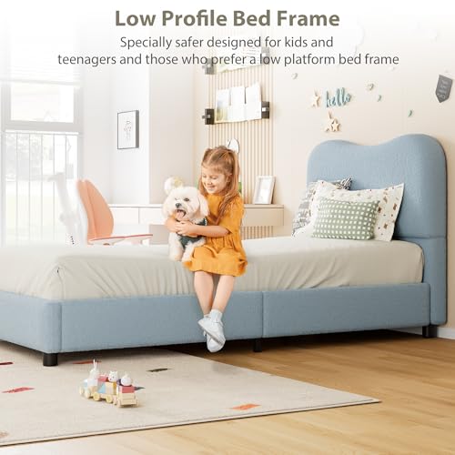 Twin Bed Frame for Kids with Velvet Upholstered Headboard, Cute Low Profile Platform Bed for Girls and Boys, No Box Spring Needed, Strong Wooden Slats, Noise Free, Easy Assembly, Blue