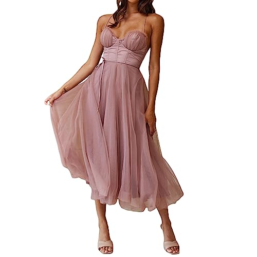 Achlibe Damen-Korsett, langes Kleid, fließendes Abschlusskleid, rückenfrei, Tüll, Abendkleid, formelles Kleid, Feen-Partykleid, A-Pink, L