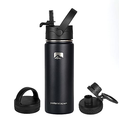 Polarscape Stainless Steel 500ml Insulated Water Bottle with Straw, Metal Water Bottle, Includes 3 Lids, 2 Straws