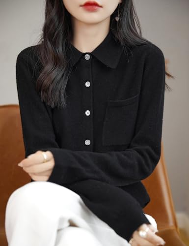 Women's Polo Neck 100% Merino Wool Sweater 2025 Spring Basic Long Sleeve Knitted Cardigan Sweater with Pocket2