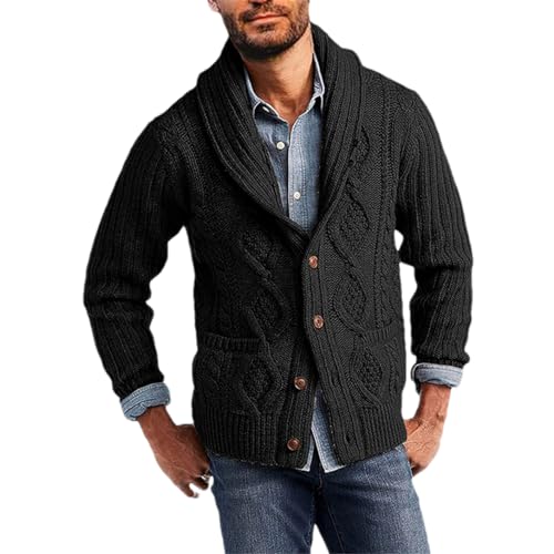Mens Vintage Shawl Collar Pocket Cardigan Loose Long Sleeves Button Down Cable Knitted Sweaters