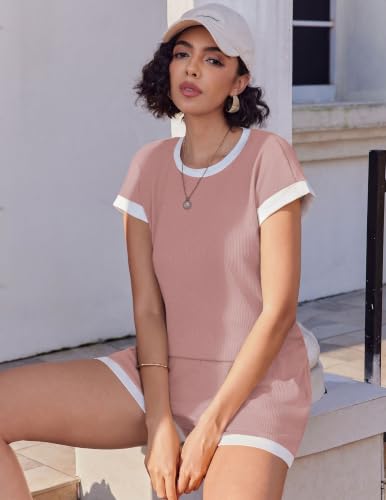 Image of Ekouaer Two Piece Sets for Women Summer Striped Lounge Set Vacation Outfit | Casual Cute Waffle Knit Tops Shorts Sets with Pocket for Travel, Jogging, Cruise, Beach, Airport