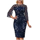 Cocktailkleid Damen Abendkleid Damen Spitzenkleid Cocktailkleid 3/4 Ärmel Glitzerkleid Rundhals Bleistiftkleid Elegant Knielang Kleid Partykleid Ballkleider