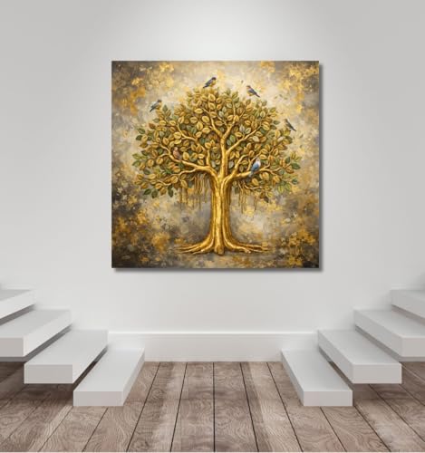 Image of Kunj Cart Kalpavriksha Tree Painting | 8+ DESIGNS | Kalpvriksh Tree Wall Painting | Lucky Tree Wall Art For Living Room, Bedroom and Office Decor | Canvas Painting for Wall Decoration (Design - G, 12x12 Inch, Framed)
