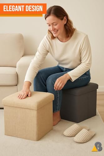 Image of 30 * 30 * 30 cm Folding Storage Ottoman Bench, Ottoman Foot Rest, End of Bed Bench, Storage Chest, Load 660 lb, for Living Room, Bedroom, Entryway,
