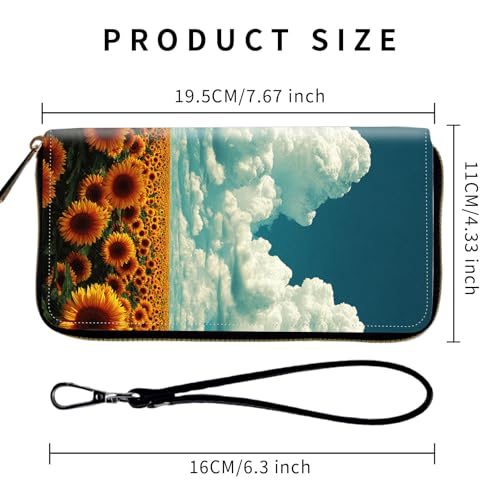 Wallet,Leather Long Wallet Suitable For Ladies And Teenagers - Detachable Wristband + RFID Travel Wallet With Card Slot - Sunflower Field and Clouds2