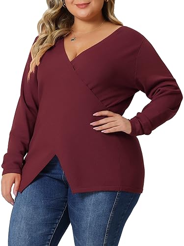 Image of Agnes Orinda Plus Size Knit Tops for Women Wrap V Neck Criss Cross Long Sleeve Asymmetrical Sweater