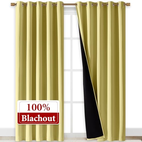 Image of NICETOWN Total Shade Curtains and Draperies, Heavy-Duty Full Light Shading Drapes with Black Liner Backing for Villa /Hall /Dorm Window(Paler Yellow, Package of 2, 70 inches Wide x 95 inches Long)