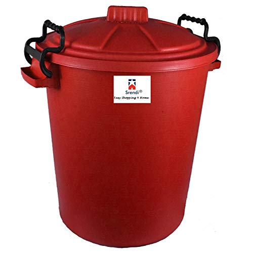 Image of Srendi® Small/Medium/Large Plastic Coloured Bin/Waterfroof/Rodent Proof/Ideal for Outdoor/Animal Feed/Food/Storage/Flour Locking Lid (50L, RED)