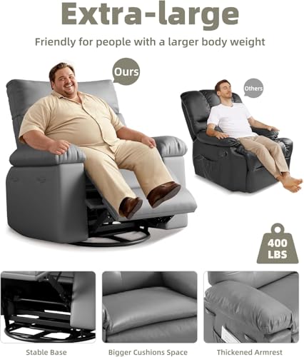 Image of Oversized 360 Swivel Rocking Recliner Chair with Massage & Heat, Ergonomic Lazy Chair with Remote Control for Living Room, Bedroom & Nursery, Gray