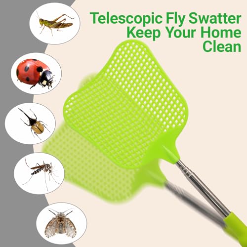Litoexpe 3 Pack Telescopic Fly Swatter, Plastic Fly Swatter Heavy Duty Set, Manual Flyswatter with Stainless Steel Telescopic Handle for Indoors/Classroom/Office (Style1)