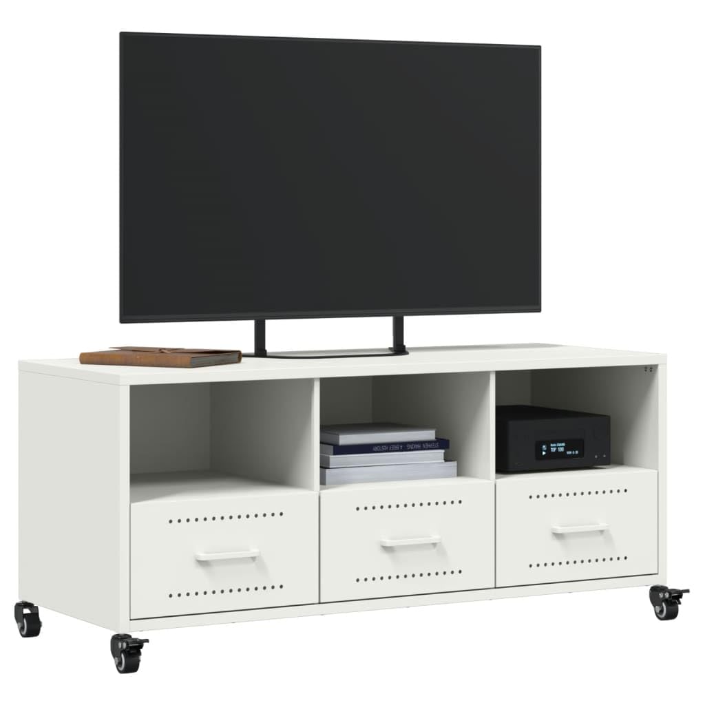 Mueble de TV blanco de acero laminado en frío, 100,5 x 39 x 43,5 cm, con 3 cajones y 3 compartimentos, con ruedas, mueble versátil para salón, dormitorio, cine en casa