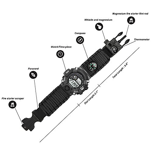 Techong Multifunction Outdoor Survival Bracelet Watch, Emergency Sport Waterproof Wristband First Aid Tools With Paracord, Compass, Thermometer, Whistle, Fire Starter For Camping & Adventure #TOP1
