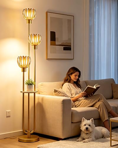 Image of Lightdot 3-Lights Glass Floor Lamp for Living Room Modern Gold Floor Lamps with Lotus Amber Glass Shade& Bulbs Included for Wedding /Party Tall Standing Lamp for Bedroom /Sofa Beside /Corner Decor