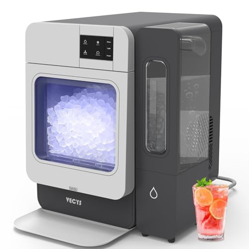VECYS Nugget Countertop Ice Maker W/Side Tank, 33LBS Daily Ice Making Capacity, Portable Design Nugget Ice Maker Machine with Self-Clean Function, Grey