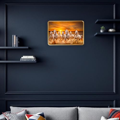 Image of Vastu 7 Seven Running Horse Photo Frame, Golden Slim Frame, Sparkle Coated Lamination, 30x45 cm (Design 17)