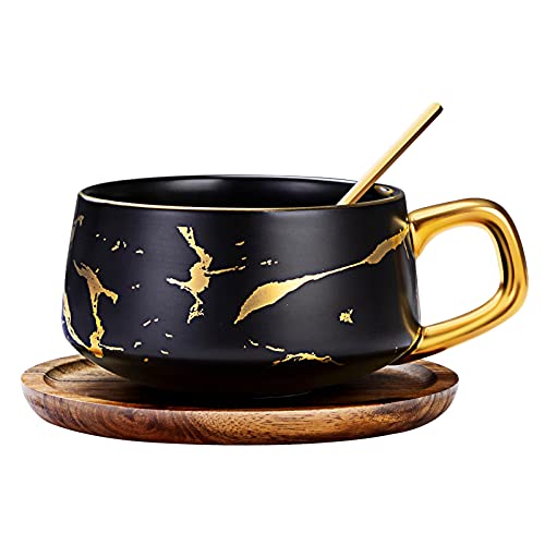 TELANKS Ensemble de tasse à thé en porcelaine - avec sous-tasse et cuillère - pour la maison- 300 ml Noir