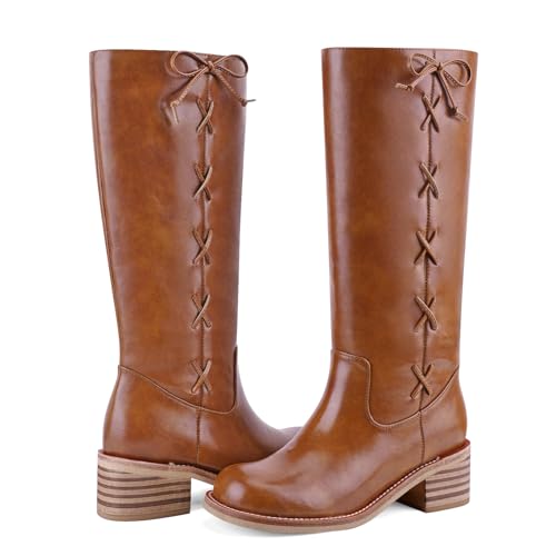 Image of UBWDU Women's Knee High Boots Chunky Block Heel Long Boots Square Toe Low Heel Boots for Women