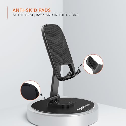 Image of amazon basics Rotatable and Foldable Tabletop Mobile Stand with Stable Metalic Round Base, Multiple adjustments of Height and Angle Phone Stand, for Smartphones