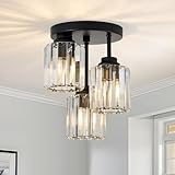 addigi 3-Light Modern Semi Flush Mount Ceiling Light, Crystal Ceiling Light with Clear K9 Crystal Shades, Black Close to Ceiling Light Fixtures for Hallway Kitchen Bathroom Entryway