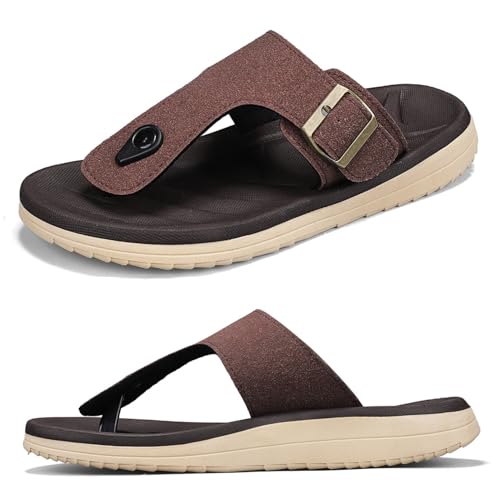 Mens Thong Sandals Adjustable Buckles Open Toe Summer Beach Flip Flops for Men, Soft Cushion Arch Support