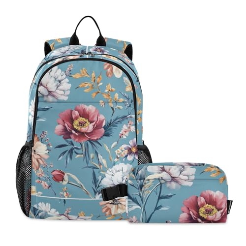 Amooorous Autumn Flowers Peonies Osteospermum Gladiolus Backpack With Lunch Box Boys School Bag With Lunch Bag Book Bag For Boys 7-10